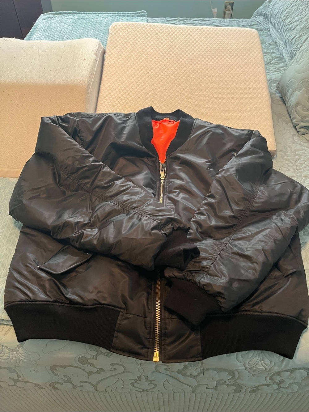 Men's Black Bomber Jacket with Orange Lining